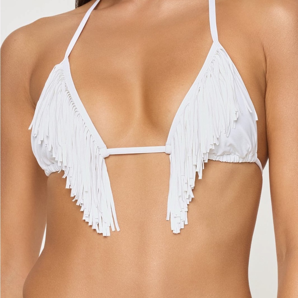 l*space White Fringe Triangle Bikini Top